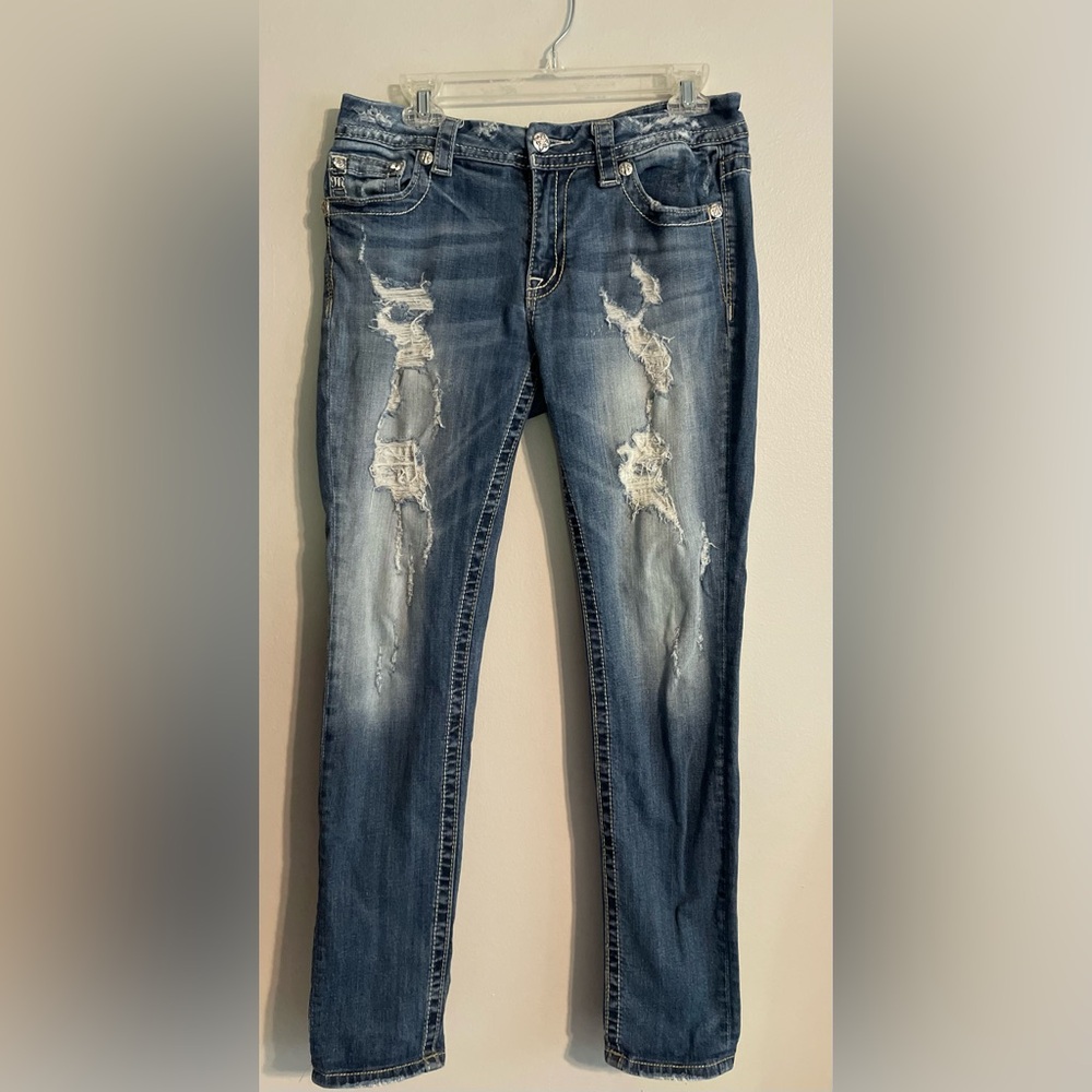 Miss Me Dark Blue Distressed Midrise Skinny Jean, Size 29, EUC